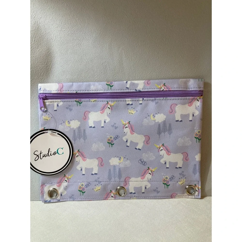 Studio C Unicorn Pencil Pouch Lavender 3 Ring Binder Zipper Case 9x7 New